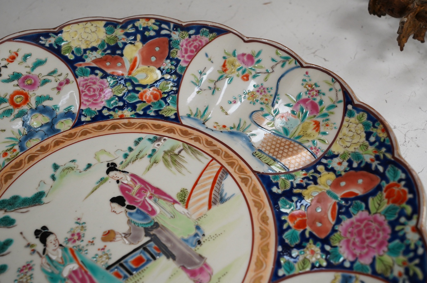 A Japanese famille rose charger, 40cm diameter. Condition - good, some wear